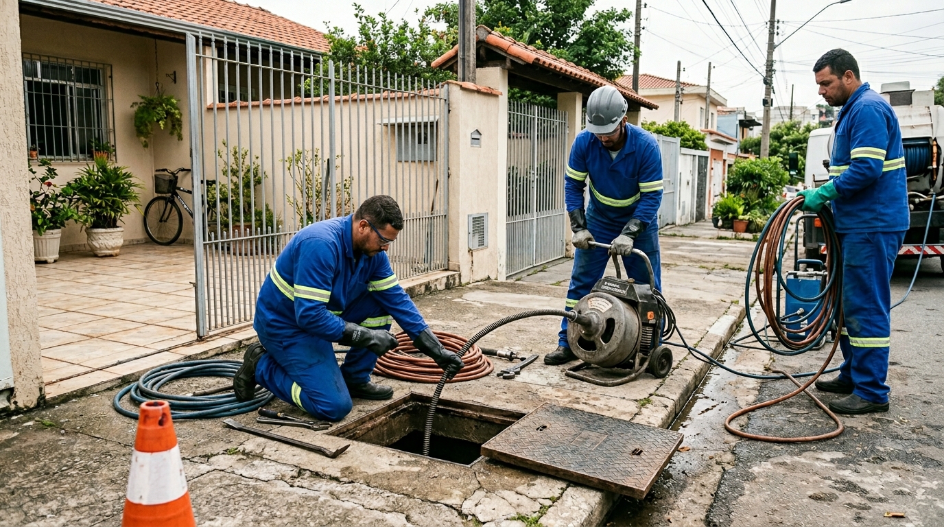 Equipe de desentupimento de esgoto em Teresina-PI